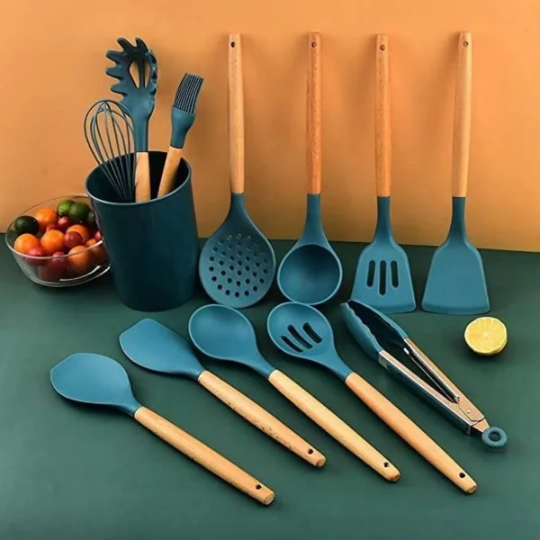 12-Piece Silicone Kitchen Utensil Set | Non-Stick Tools with Wooden Handles - Image 2