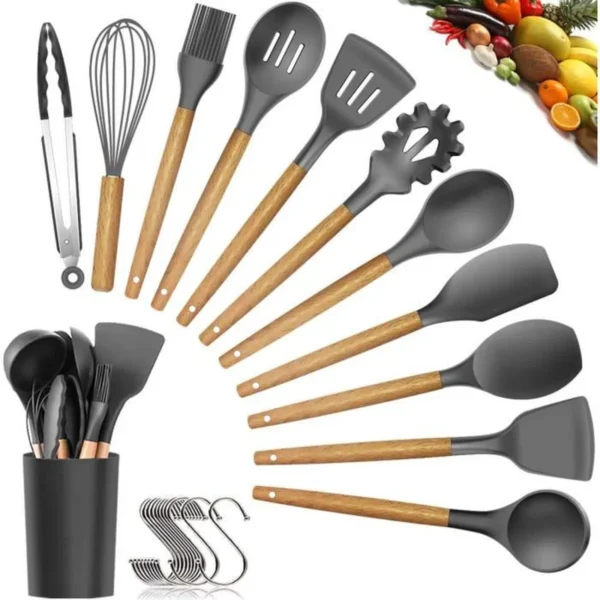 12-Piece Silicone Kitchen Utensil Set | Non-Stick Tools with Wooden Handles - Image 3